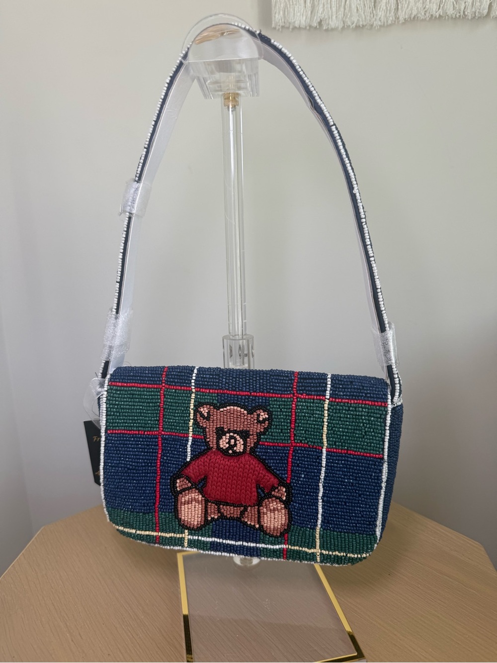 Beaded Teddy Plaid Shoulder Bag - Navy & Green